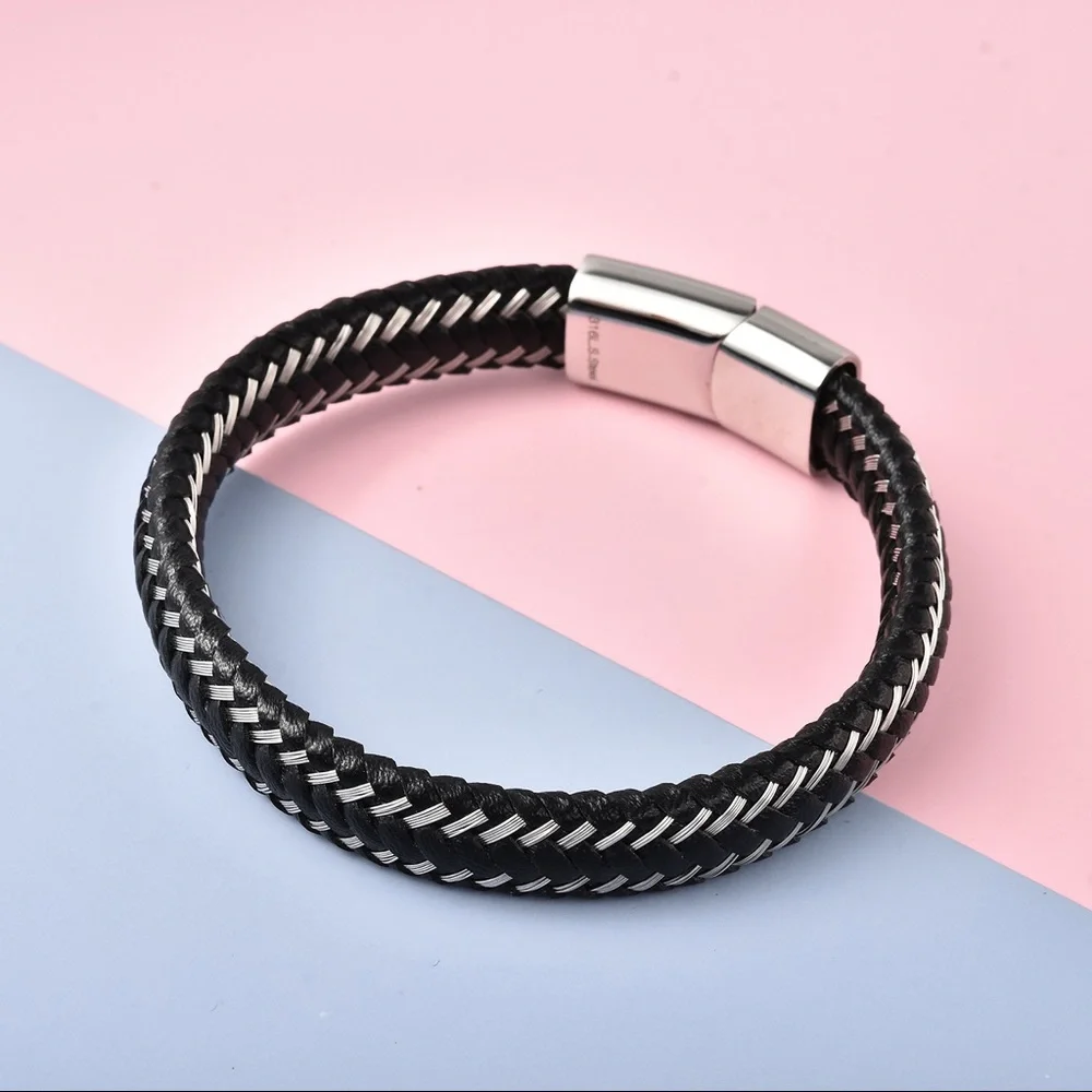 Genuine Leather and Stainless Steel Bracelet